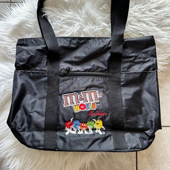 M&M Las Vegas Black Large Embroidered Logo Characters Tote Bag Zippers Nylon - Picture 1 of 12